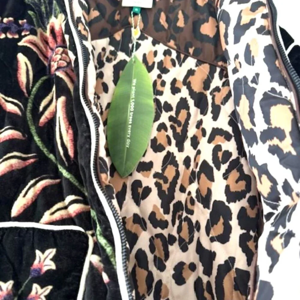 FARM Rio Black Marvelous Garden Puffer Jacket Exotic Tropical Leopard Print - Picture 14 of 16